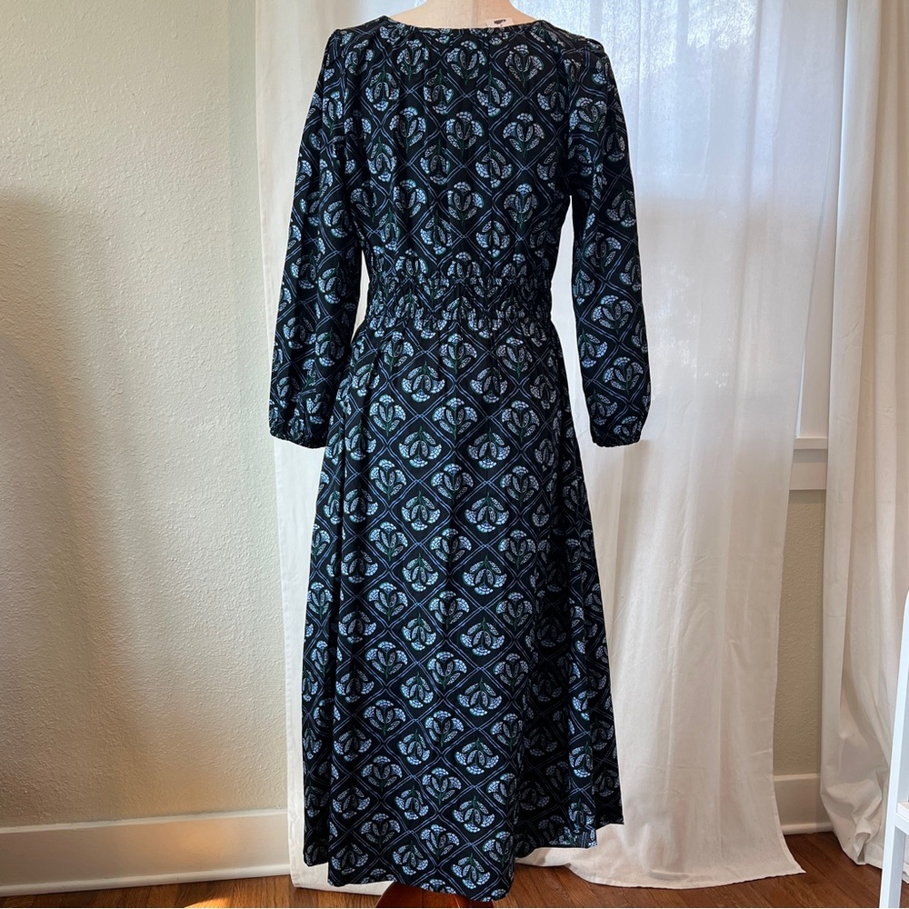J. Crew Black Dress with Teal Pattern, Long Sleeve Maxi with Pockets Size 8 NWT - Picture 3 of 12